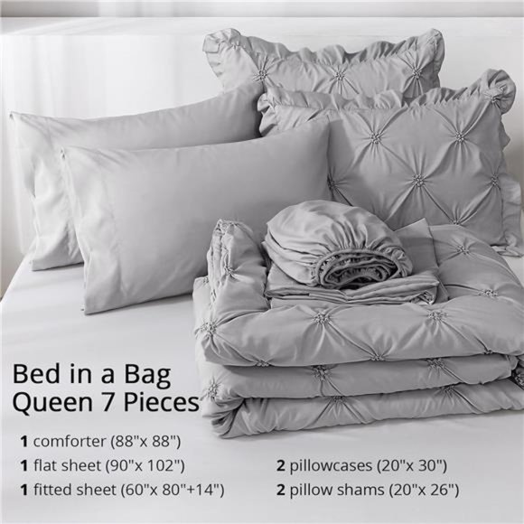 Queen Comforter Set 7 Pieces,Pintuck Gray Bed in a Bag Comforter Set for Bedroom - Picture 6 of 6
